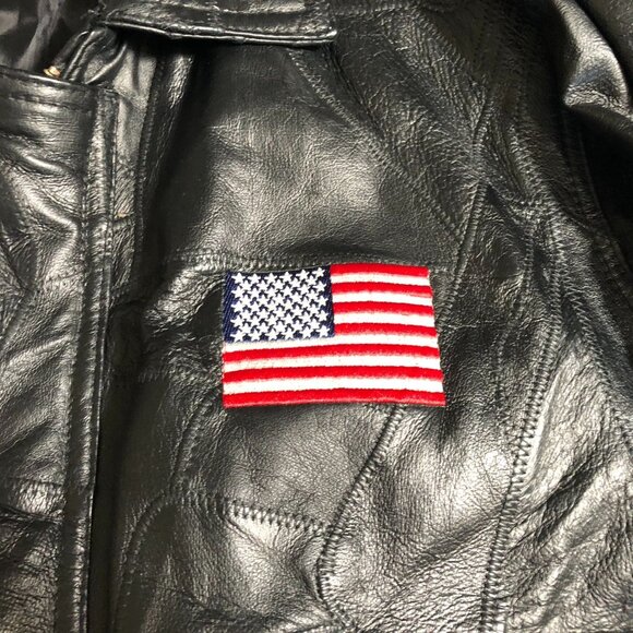Vintage Men's Leather Jacket Large Patriotic Black Full Zip Collared Biker - Picture 14 of 16